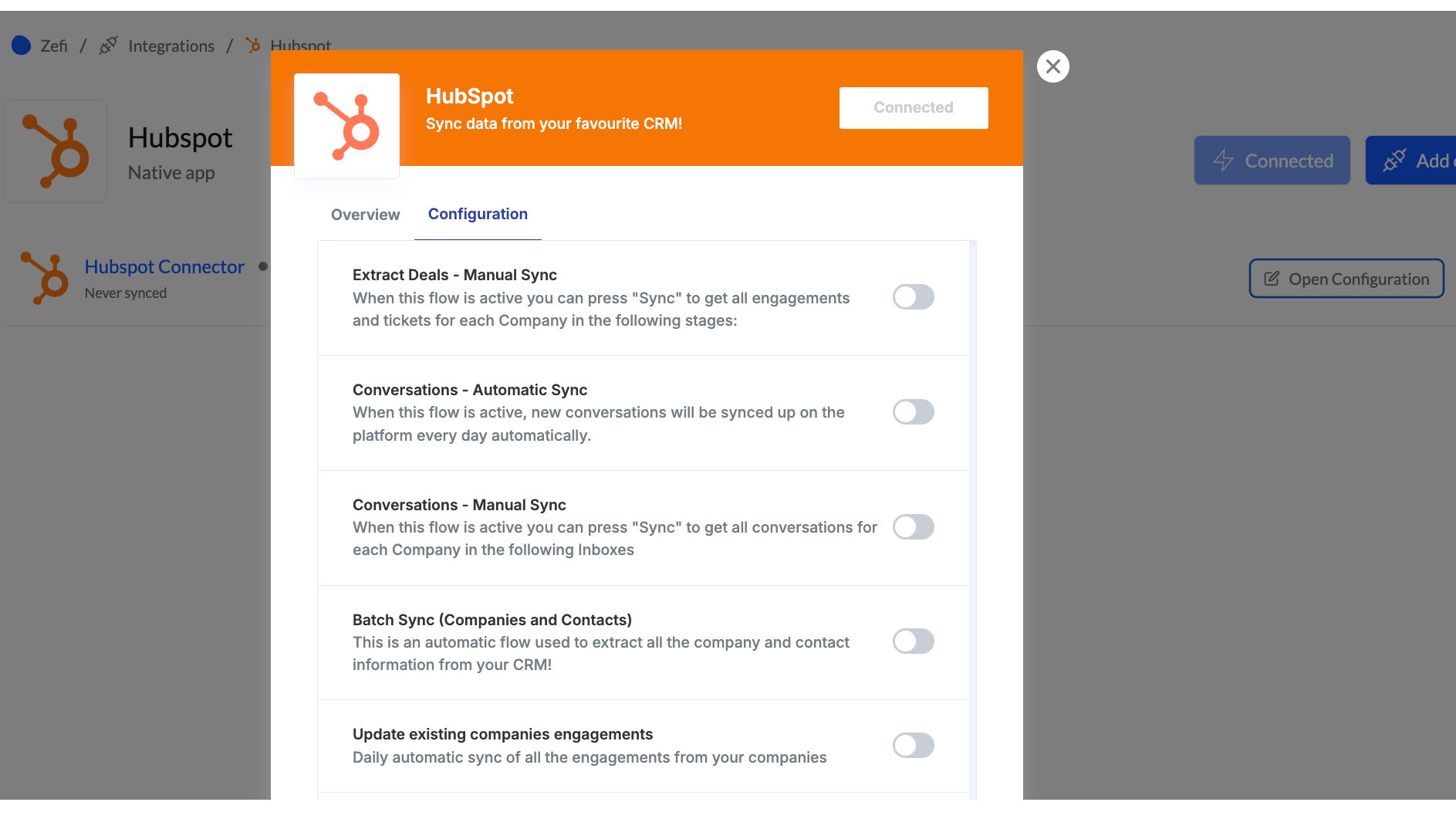 Zefi Integration Panel
